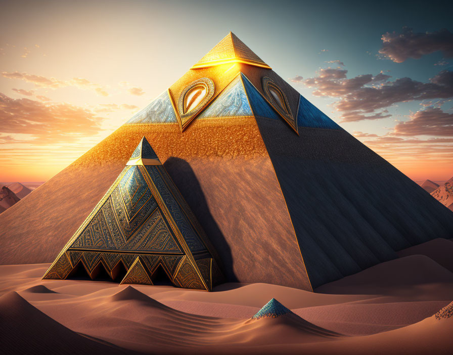 Ornate illuminated pyramids in desert sunset