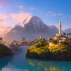 Serene blue lake, golden-domed palace, palm trees, misty mountains at sunrise.