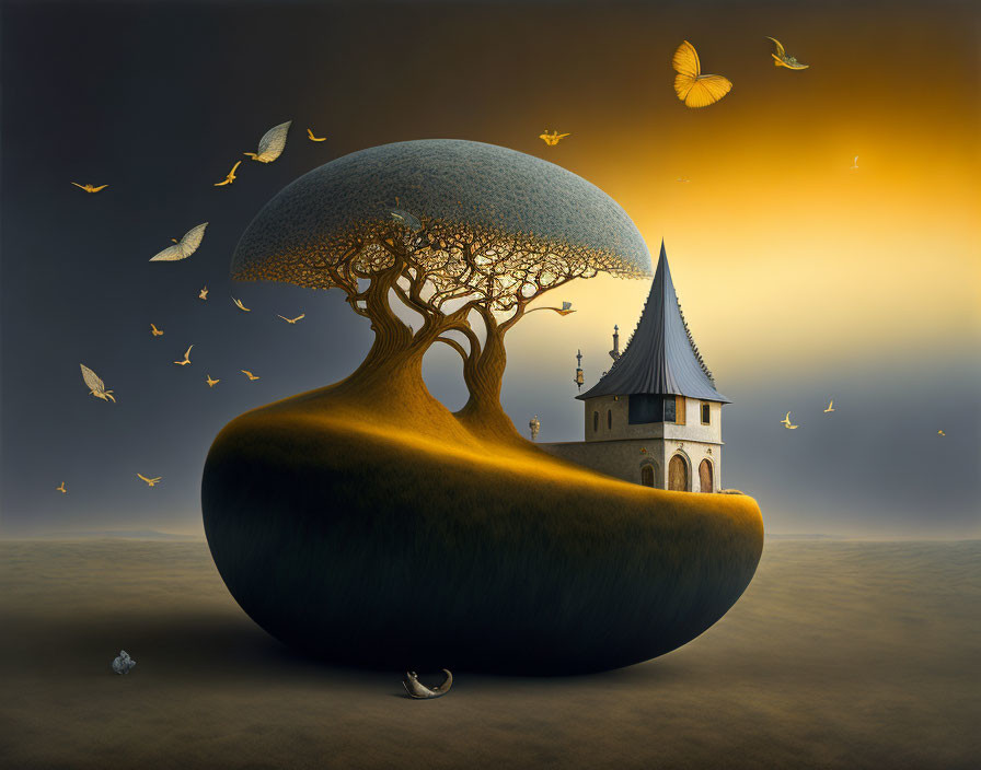 Surrealist landscape with church on pear-shaped hill, tree, butterflies in twilight.