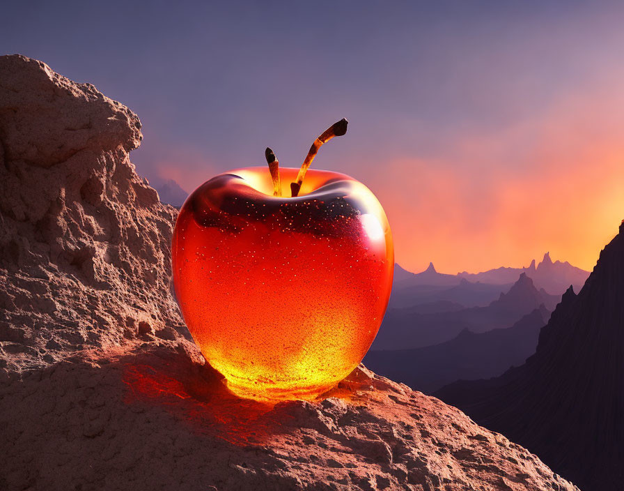 Translucent red apple on rocky terrain under dramatic orange sky