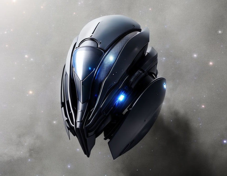 Futuristic Black Helmet with Blue Lights on Cosmic Background