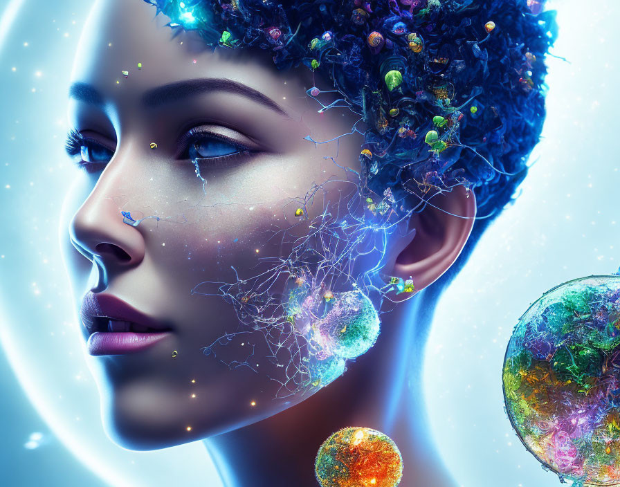 Cosmic-themed digital art portrait of a woman with luminescent neural networks.