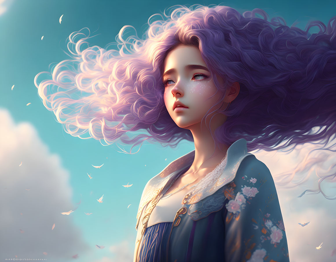 Digital artwork: Girl with purple hair in dreamy expression on sky backdrop.