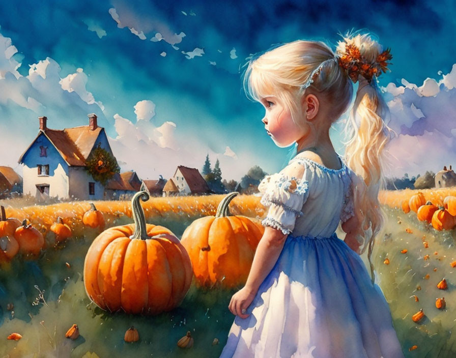 Young girl in blue dress surrounded by pumpkins in sunny field