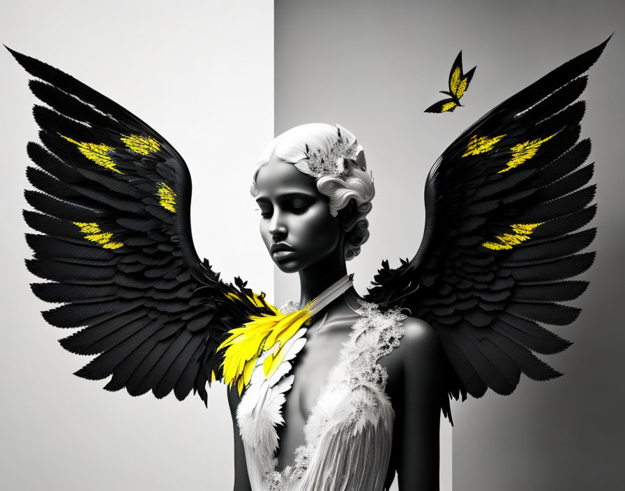 Stylized image of woman with black angel wings and yellow bird on dual background