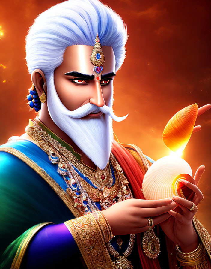 Regal man with white hair and beard in traditional attire holding a conch shell on fiery backdrop