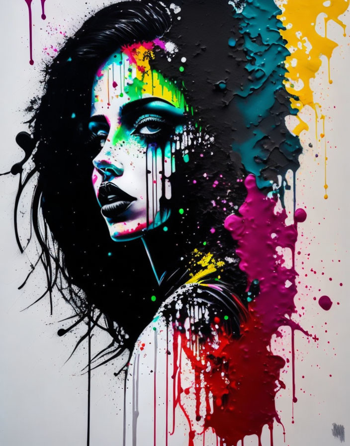 Vivid street art: colorful woman's profile with dripping paint splashes