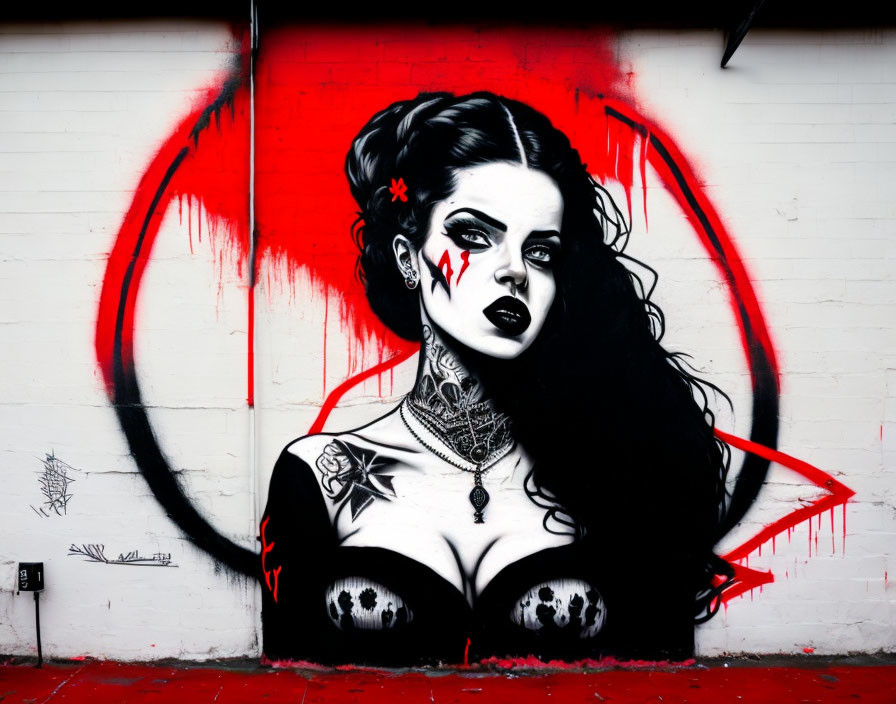 Colorful wall mural of woman with tattoos in monochromatic style with red accents.