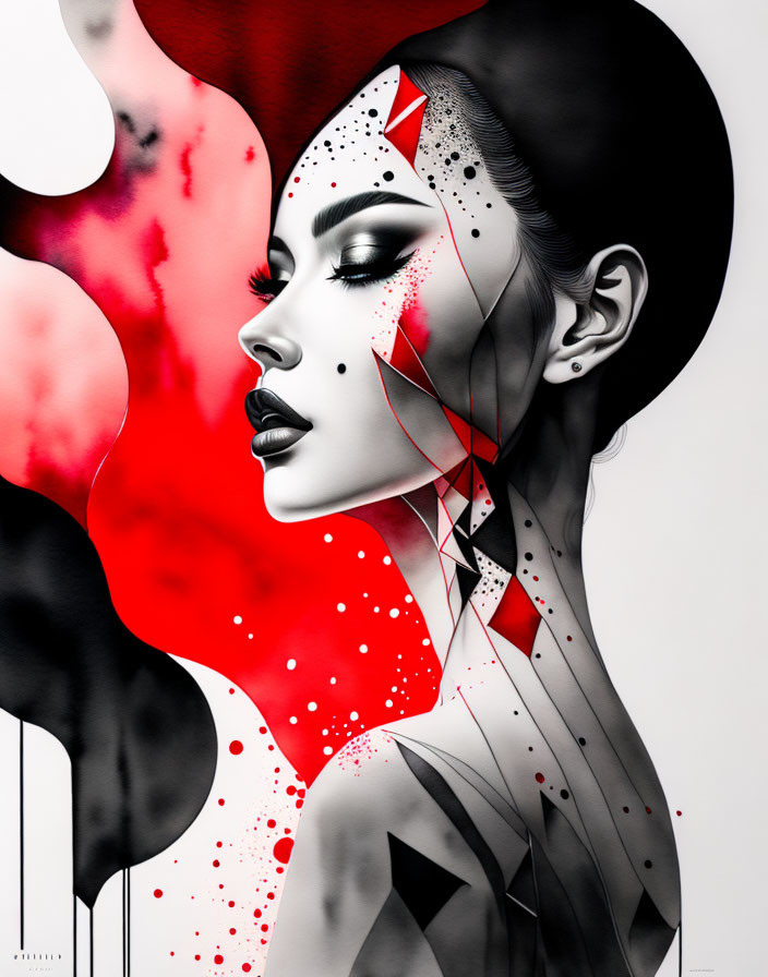 Monochrome woman profile with red abstract shapes & splatters