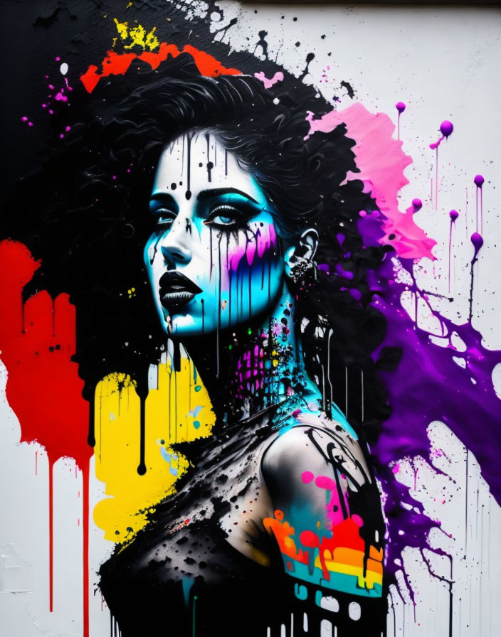 Colorful street art portrait of a woman with monochrome face and vibrant splashes