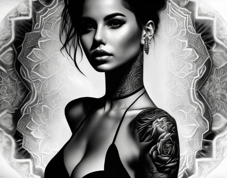 Monochrome portrait of woman with tattoos and elegant jewelry against patterned background