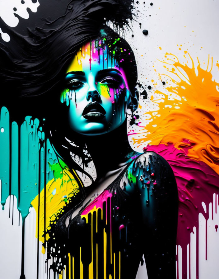 Colorful woman with neon paint on black background