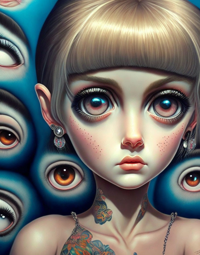 Surreal portrait of doll-like figure with large blue eyes surrounded by smaller eyes