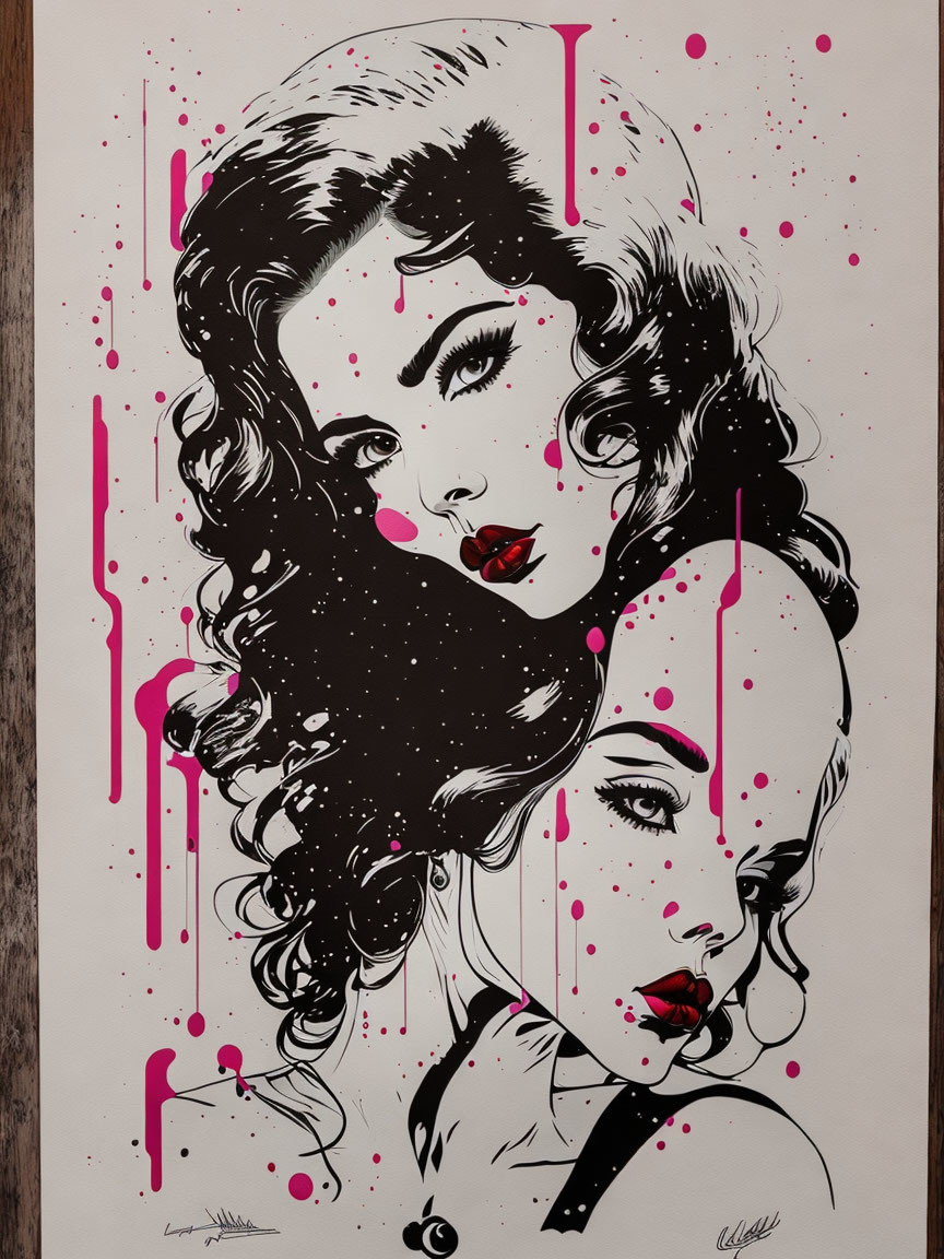 Black and white artistic illustration of two women's faces with vibrant pink accents