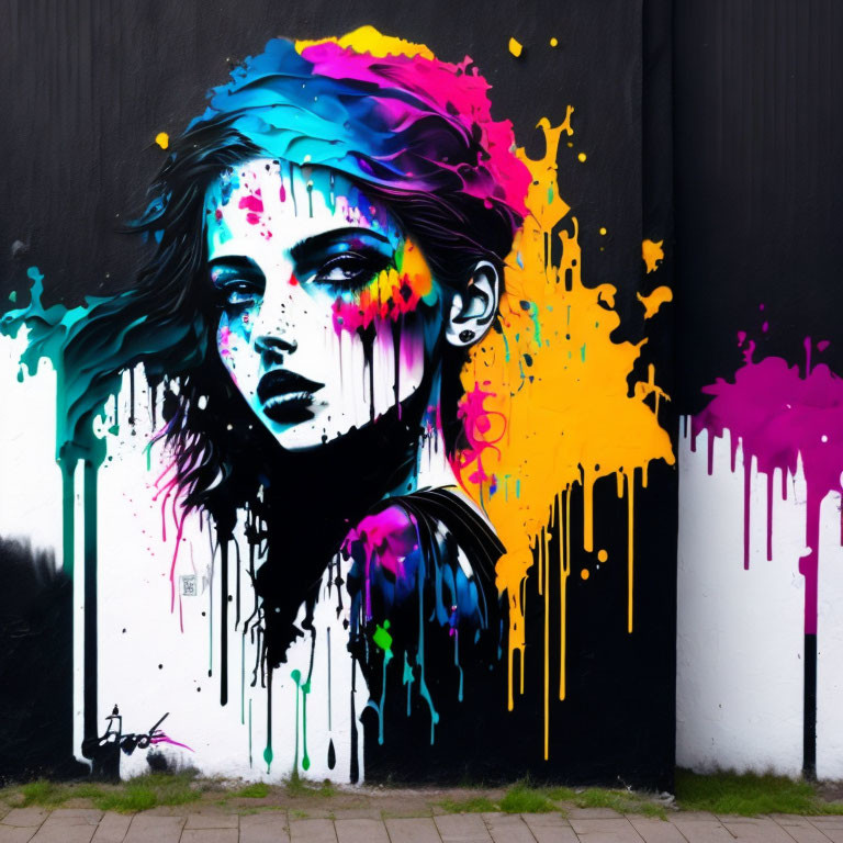 Colorful street art mural featuring woman's face on black background