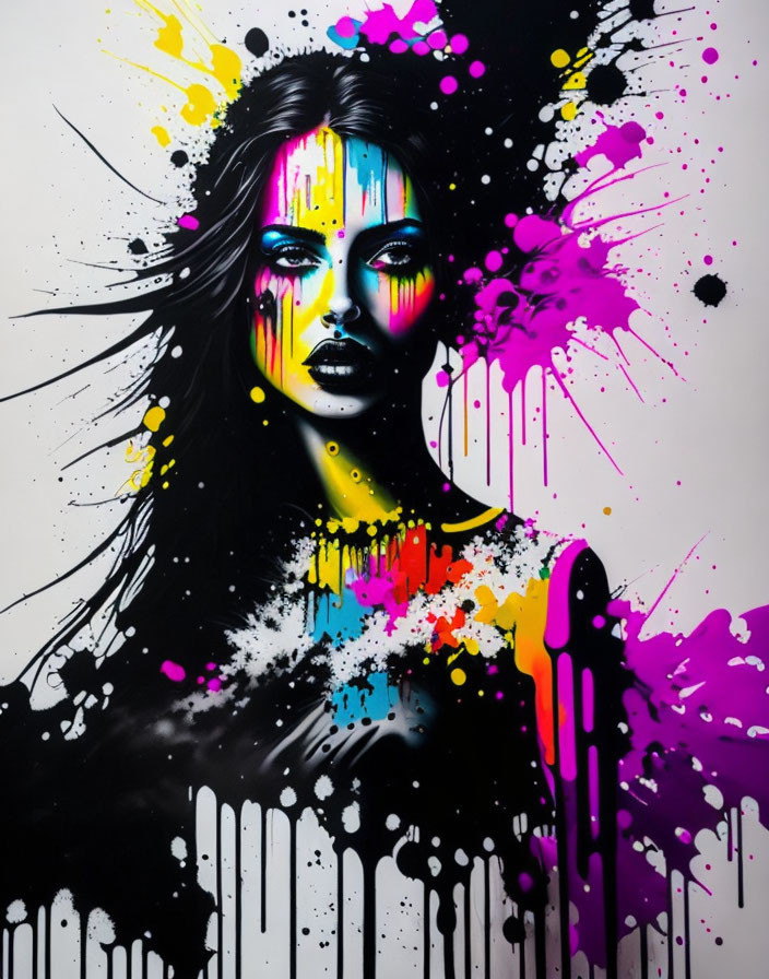 Colorful portrait of a woman with neon paint on black and white backdrop