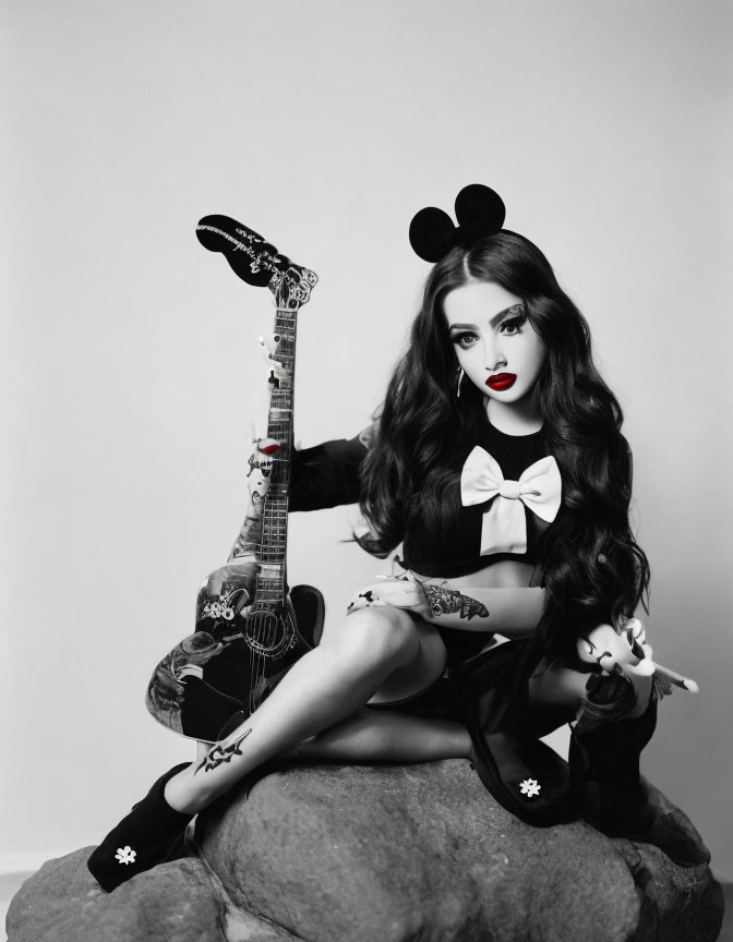 Monochrome photo: person in bow and mouse ears with decorated guitar