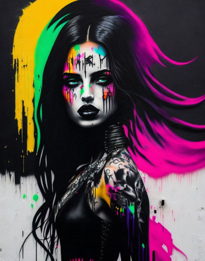 Colorful street art mural of woman with flowing hair and vibrant yellow and magenta streaks.