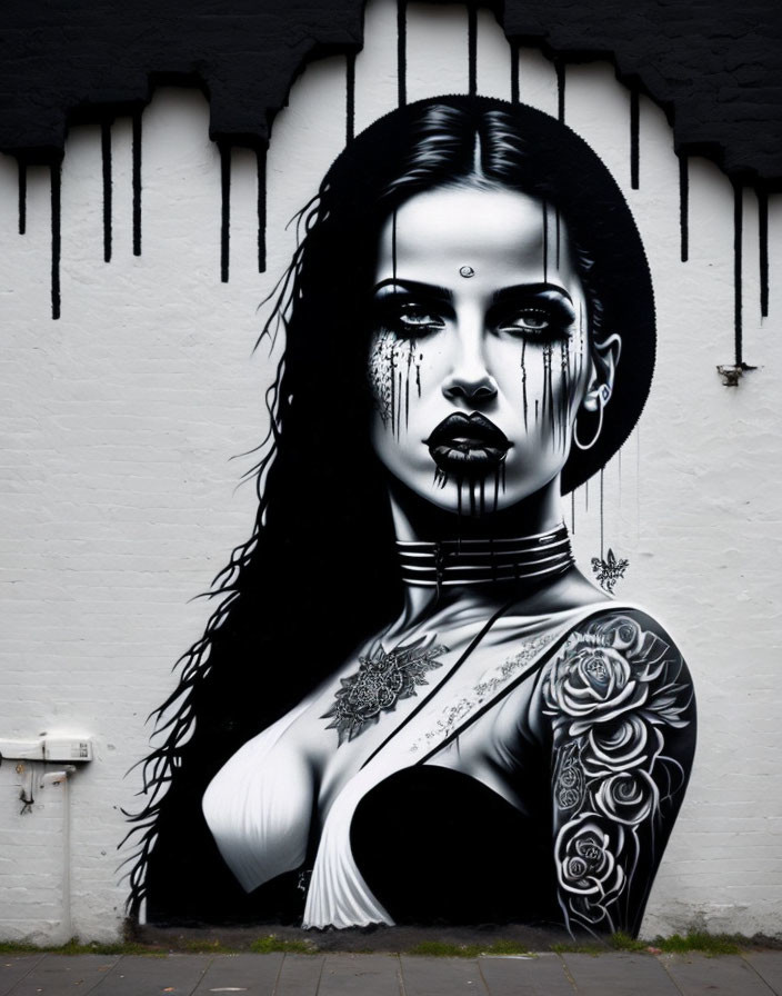 Monochromatic street art mural of woman with tattoos and bold gaze