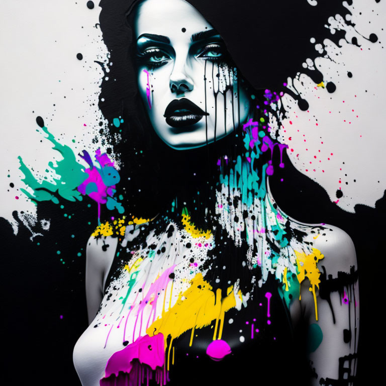 Vibrant cyan, magenta, and yellow paint on black and white portrait