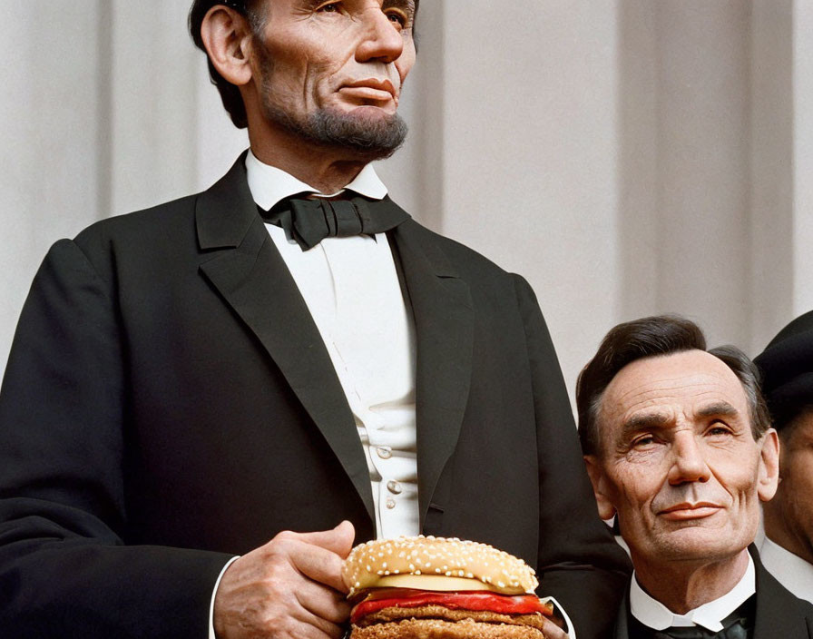 Waxwork of Abraham Lincoln with man holding hamburger