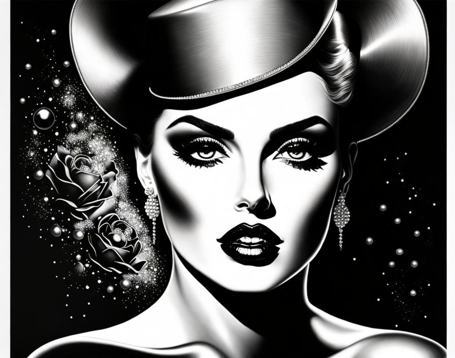 Monochrome artistic illustration of a stylized woman with bold makeup, hat, earrings, roses, and