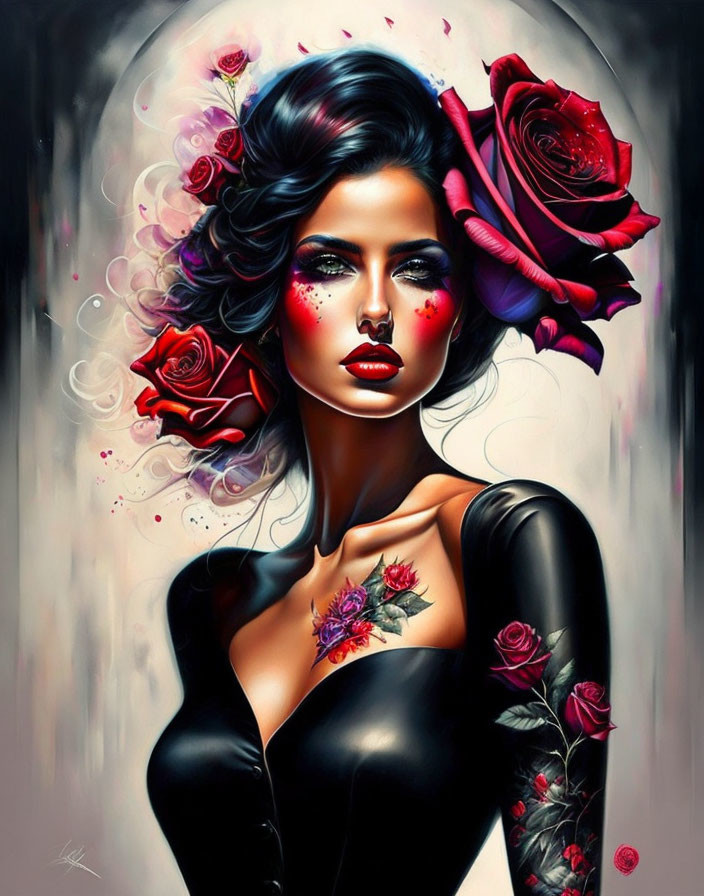 Woman with red roses in hair, makeup accents, and rose tattoos on shoulder against grey backdrop.