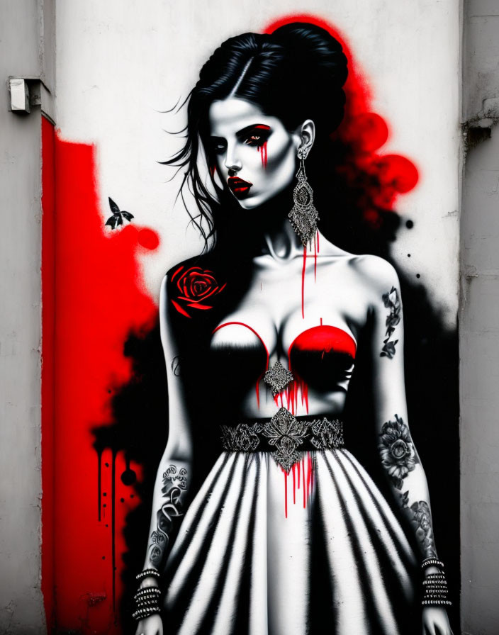 Monochrome artwork of woman with red eyes and lips, tattoos, near red and white wall with butterfly