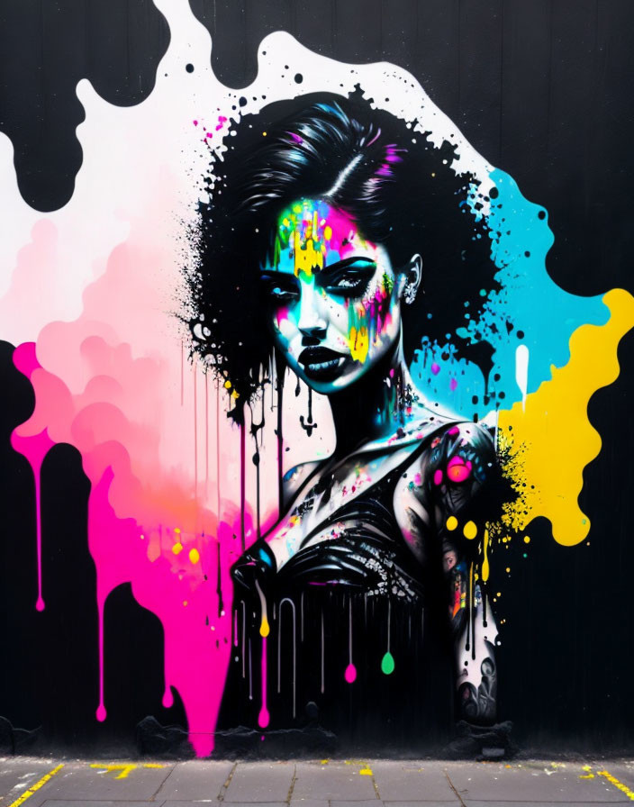 Colorful Woman Mural on Black Background