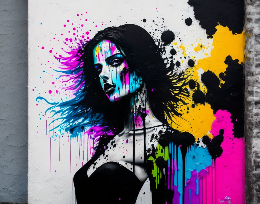 Colorful neon woman mural on gray background