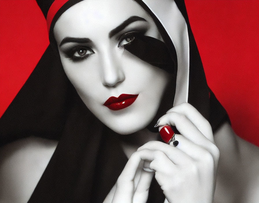 Monochrome image of woman with red lipstick and nails, headscarf, bold red backdrop