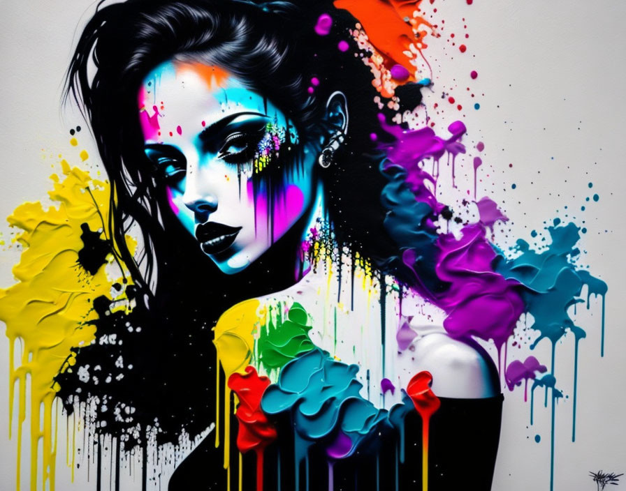 Colorful street art featuring woman with monochrome face and vibrant paint drips