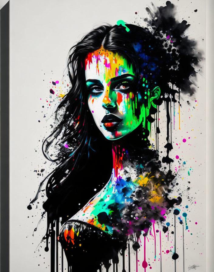 Colorful painting of woman with monochrome base and splattered multicolored drips