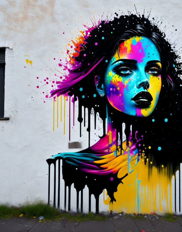 Colorful street art mural featuring woman's face in neon paint