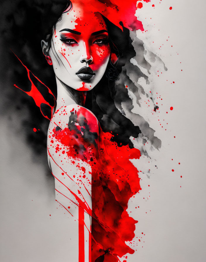 Vibrant red and black woman illustration with dynamic ink splash