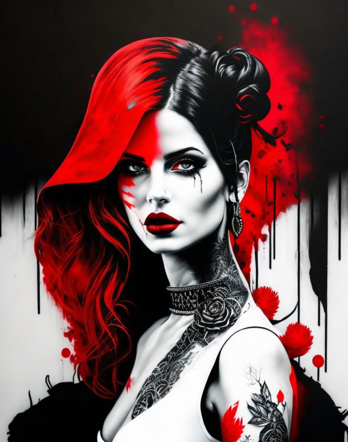 Stylized portrait of woman with red and black hair, tattoos, striking makeup, and red floral