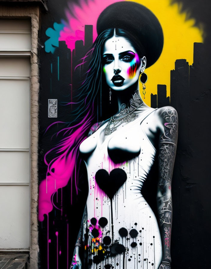 Stylized woman with tattoos and beret in colorful urban street art