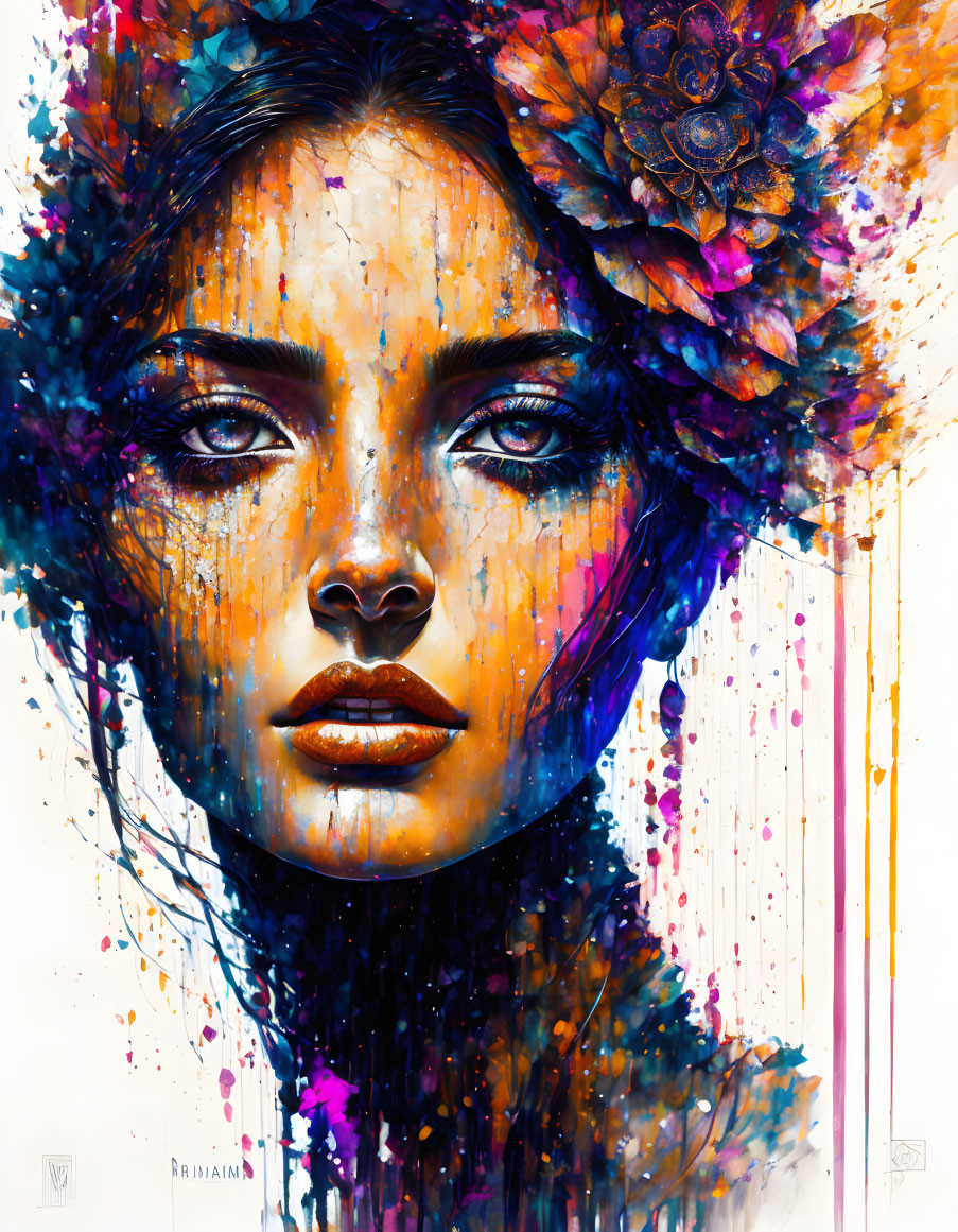 Colorful Abstract Portrait of Woman with Floral Elements