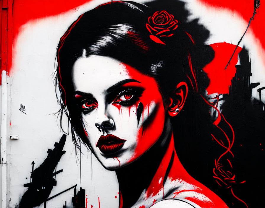 Monochrome graffiti of woman's face with rose and red tears