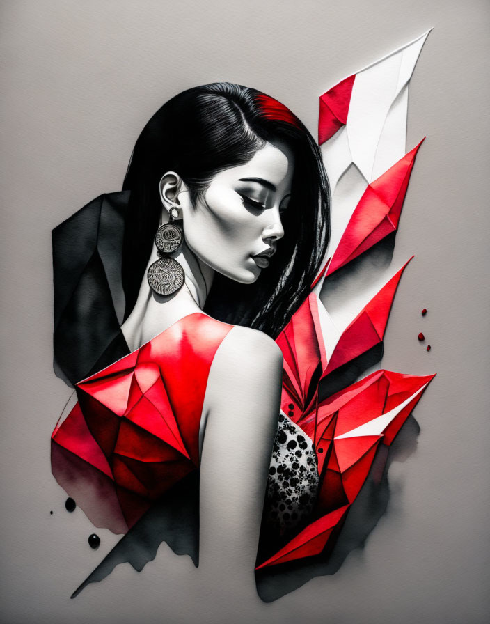 Geometric red and white wing-like shapes on portrait of woman with dark hair.