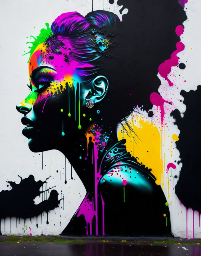 Colorful woman's profile mural on black background