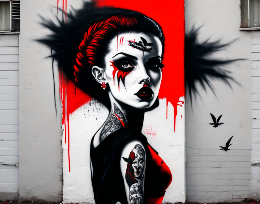 Vibrant mural featuring woman with punk style against red and white backdrop