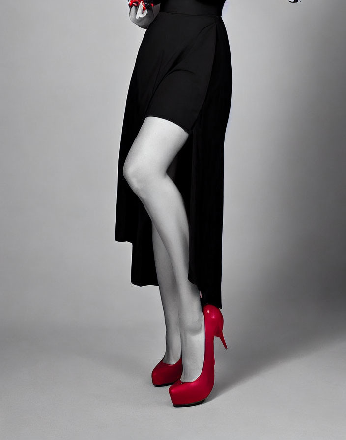 Person in Black Skirt and Red High Heels on Gray Background