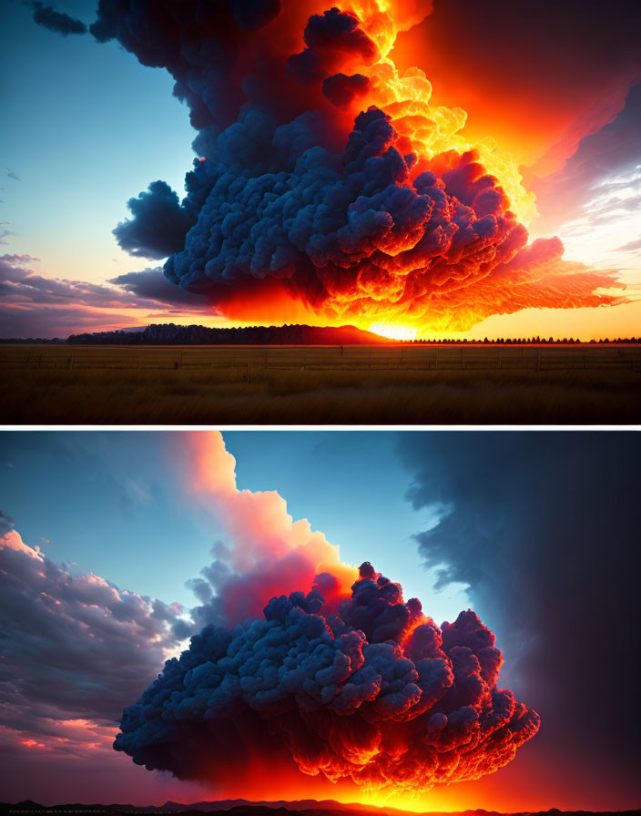 Towering cumulonimbus cloud illuminated by fiery sunset over tranquil field