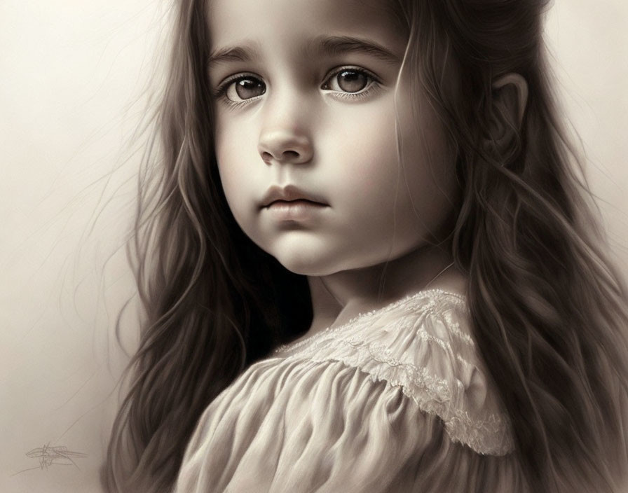 Monochrome digital painting of young girl with long wavy hair