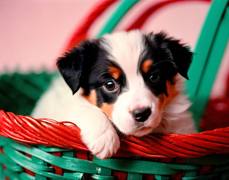 Tricolor puppy in red wicker basket gazes curiously.