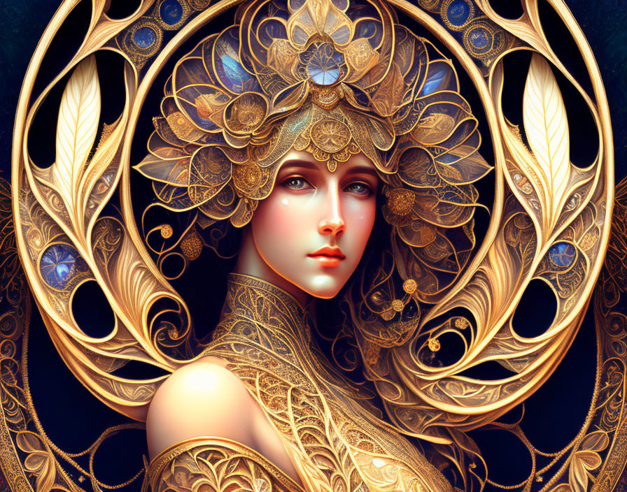 Ornate golden headdress and jewelry on woman in digital artwork