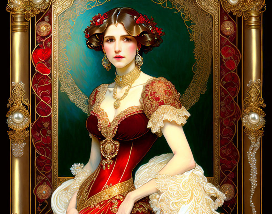 Victorian woman in red and gold gown with jewelry poses elegantly