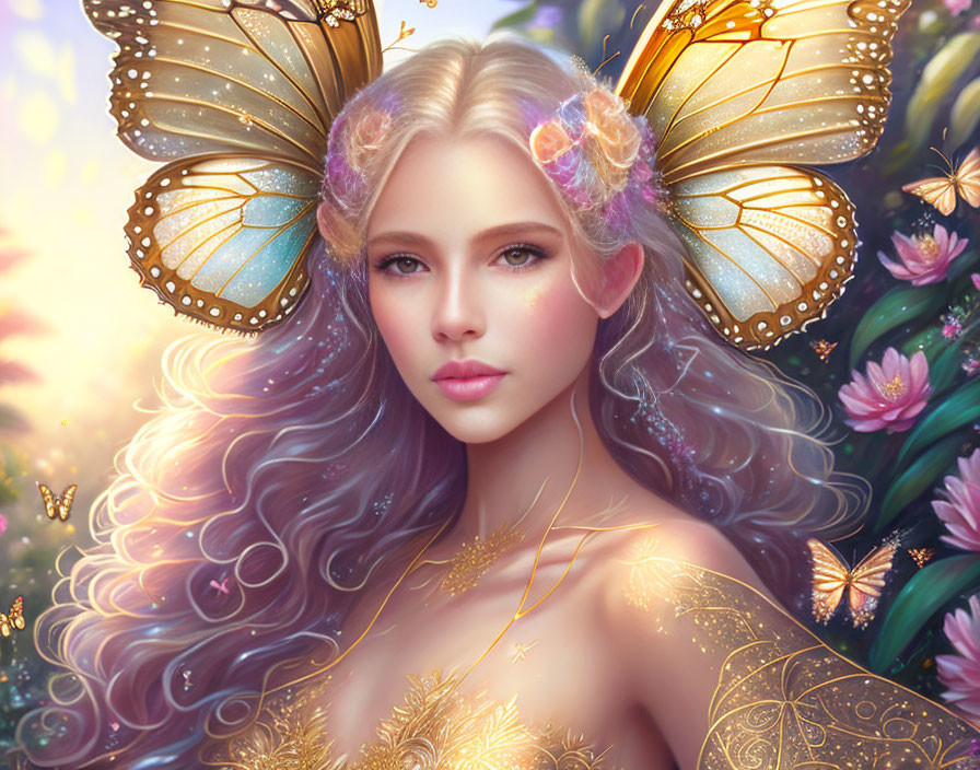 Fantastical woman with butterfly wings and gold adornments in magical floral setting