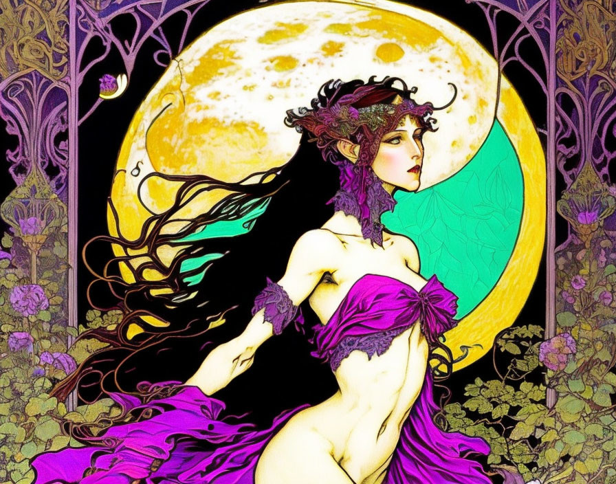 Art Nouveau Woman Illustration with Flowing Hair and Purple Dress